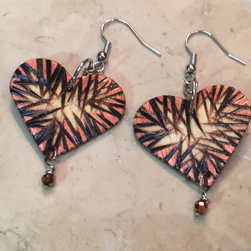 Earrings. Handmade wood burned, hand painted heart